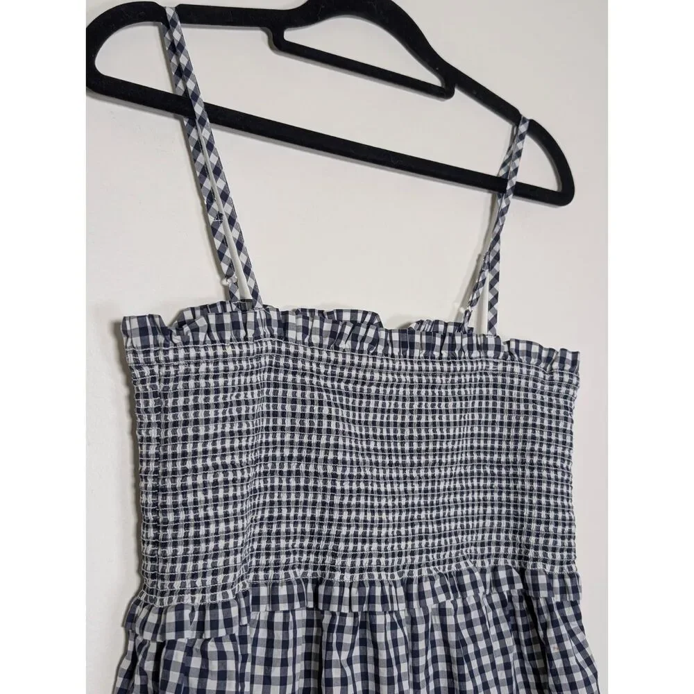 J.Crew Gingham Smocked Cotton Midi Dress M Navy White Cottagecore Summer Picnic